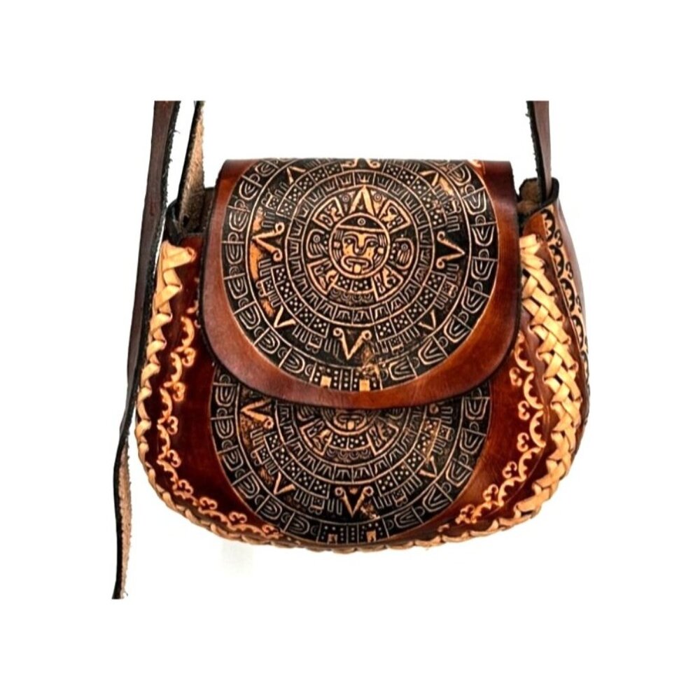 Vintage Hand Tooled Brown Leather Aztec Calendar Bag Crossbody Handmade Mexican